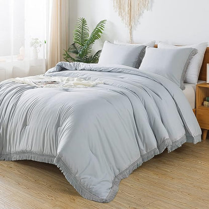 Andency Light Grey Comforter Set Twin Size, 2 Pieces Boho Tassel Lightweight Bedding Comforter Sets, All Season Soft Fluffy Fringe Bed Set (66x90In Comforter & 1 Pillowcase)
