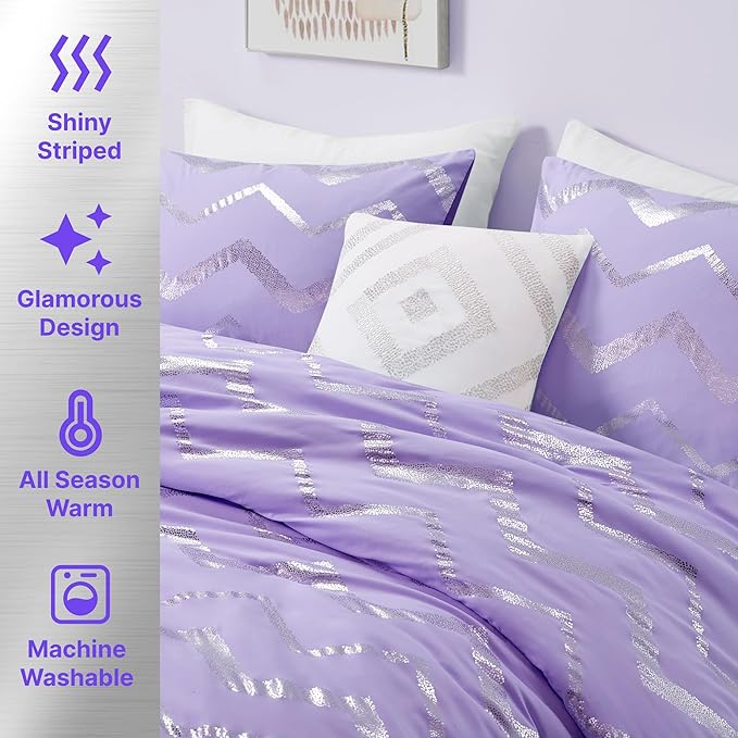 Codi Purple Comforter Set Full - Metallic Silver and Lavender Bedding Sets Queen Size - 4 Piece Set for Girls, includes 1 Comforter, 1 Decorative Pillow, 2 Pillow Cases - All Season Warm