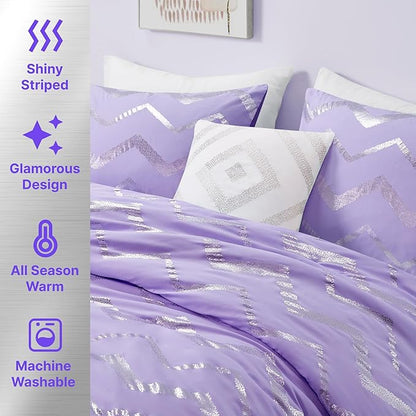 Codi Purple Comforter Set Full - Metallic Silver and Lavender Bedding Sets Queen Size - 4 Piece Set for Girls, includes 1 Comforter, 1 Decorative Pillow, 2 Pillow Cases - All Season Warm