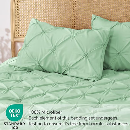 BEDELITE Green Queen Comforter Set - 3 Pieces Boho Pintuck Bedding Comforter Sets, Lightweight Soft & Warm Bed Comforter Queen with 2 Pillowcases for All Season