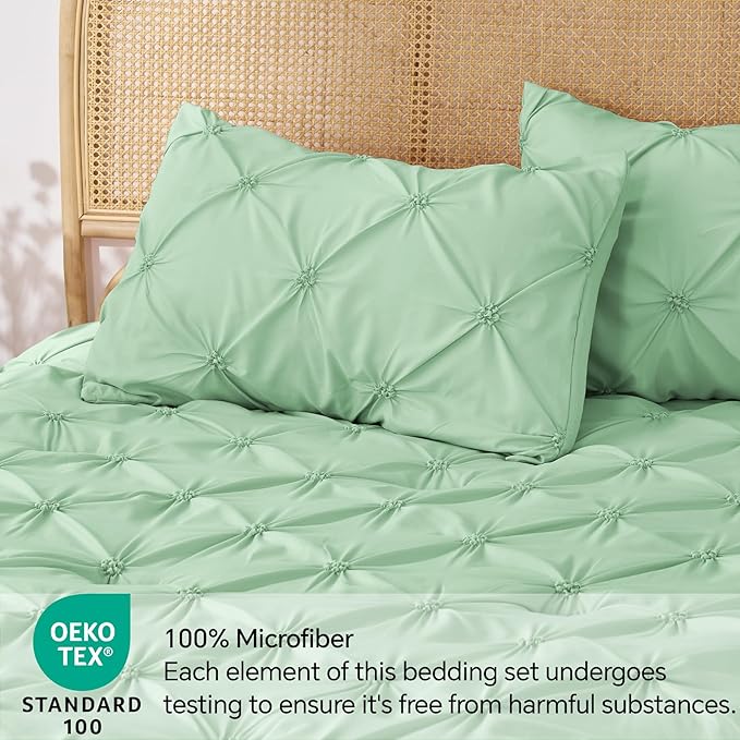 BEDELITE Green Twin Comforter Set for Girls - 2 Peices Boho Pintuck Bedding Comforter Sets, Lightweight Soft & Warm Twin Bedding Sets with 1 Pillowcase for All Season