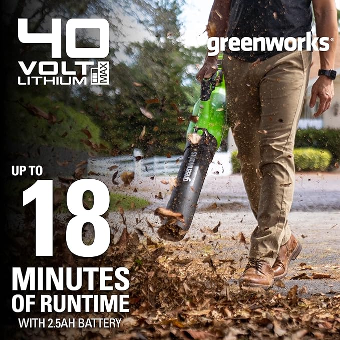 Greenworks 40V (120 MPH / 500 CFM / 75+ Compatible Tools) Cordless Axial Leaf Blower, 2.5Ah Battery and Charger Included