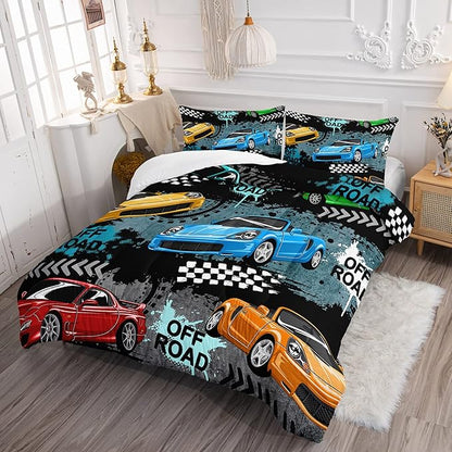 Axolotl Car Comforter Set Queen Size,Cool Speed Race Car Comforter for Kids Boys Girls Teens Bedroom,Extreme Sport Quilt Duvet 1 Comforter 2 Pillowcase Car Racing Gifts,Blue Red Orange