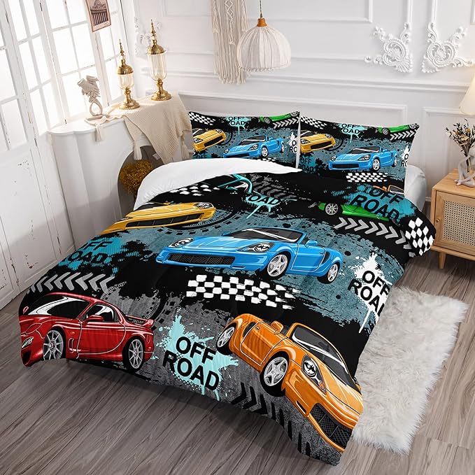Axolotl Car Comforter Set Full Size,Cool Speed Race Car Comforter for Kids Boys Girls Teens Bedroom,Extreme Sport Quilt Duvet 1 Comforter 2 Pillowcase Car Racing Gifts,Blue Red Orange