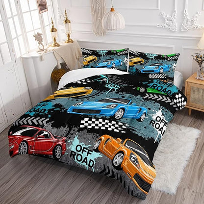 Axolotl Car Comforter Set Full Size,Cool Speed Race Car Comforter for Kids Boys Girls Teens Bedroom,Extreme Sport Quilt Duvet 1 Comforter 2 Pillowcase Car Racing Gifts,Blue Red Orange