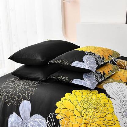 Bed in a Bag Queen Yellow Black Comforter Set 7 Pieces Soft Microfiber Floral Bedding Set with 1 Comforter 1 Flat Sheet 1 Fitted Sheet 2 Pillowshams 2 Pillowcases