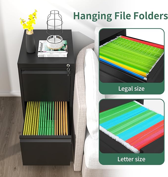 2 Drawer File Cabinet with Lock, Metal Vertical Filing Cabinets for Home Office, Steel Storage Cabinet for Hanging Legal/Letter Size Files, Assembly Required (Black)
