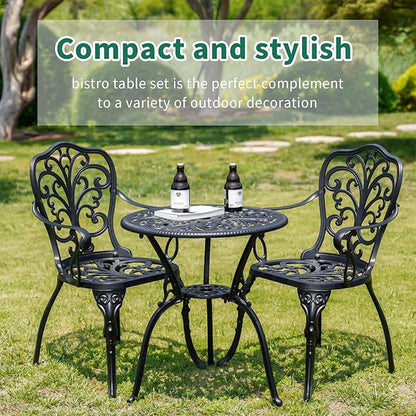 Bistro Table and Chairs Set of 2 with Umbrella Hole,Cast Aluminum Patio Bistro Sets 3 Piece,Outdoor Bistro Table Set,Patio Furniture Set for Front Porch Set,Garden(Butterfly Black)