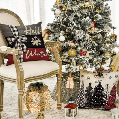 AVOIN colorlife Merry Christmas Joy Xmas Trees Red Throw Pillow Covers, 18 x 18 Inch Christmas Winter Holiday Cushion Case Decoration for Sofa Couch Set of 4