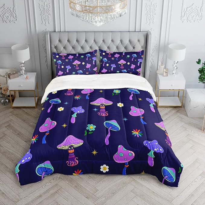 Colorful Mushroom Comforter Set Full Size Kids Trippy Mushroom Bedding Set Hippy Star Eye Theme Quilt Bed Set for Boys Girls Adults with 1 Comforter and 2 Pillowcases