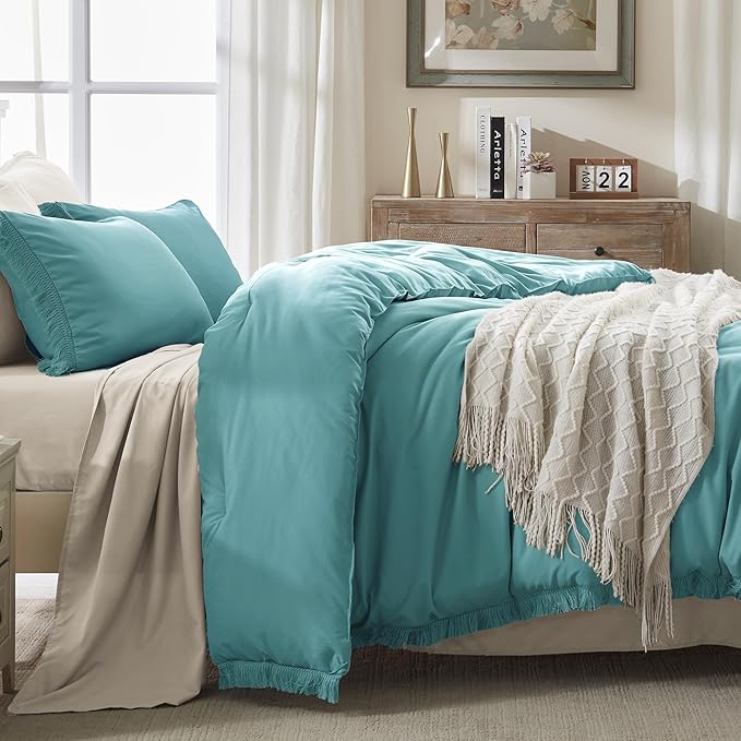 Andency Aqua Tassel Comforter Set Full(79x90Inch), 3 Pieces(1 boho Comforter, 2 Pillowcases) Farmhouse Shabby Chic Comforter Set, Soft Microfiber Lightweight Fringe Bedding Comforter Set