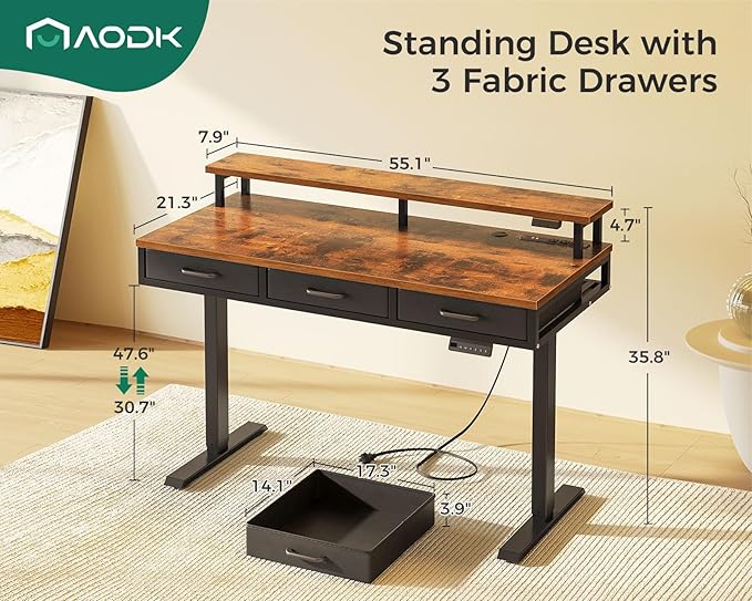 AODK 55 Inch Electric Standing Desk with 3 Drawers, Brown, Height Adjustable Desk with Power Outlets & LED Lights, Stand Up Desk with Monitor Shelf, Sit Stand Desk Computer Workstation