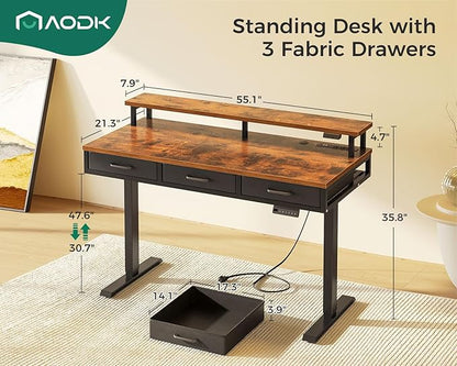 AODK 55 Inch Electric Standing Desk with 3 Drawers, Brown, Height Adjustable Desk with Power Outlets & LED Lights, Stand Up Desk with Monitor Shelf, Sit Stand Desk Computer Workstation