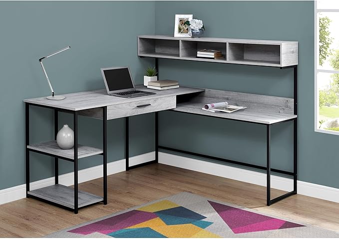Monarch Specialties Workstation for Home & Office with Multiple Shelves and Drawer L-Shaped Corner Desk with Hutch, 60" L, Grey/Black Frame