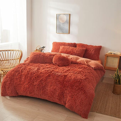 Fluffy Orange Comforter Cover Set Queen - Ultra Soft Plush Burnt Orange Bedding Sets 3 Pieces (1 Faux Fur Duvet Cover + 2 Faux Fur Pillow case) Boho Orange Queen Bed Sets (Dark Orange, Queen)