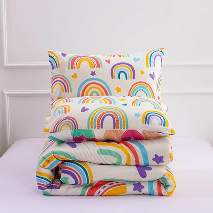Btargot 3 Piece Kids Rainbow Comforter Set with 2 Pillow Covers, Cartoon Love Hearts Suns and Stars Bedding Set for Girls Boys Kids, Full Beige