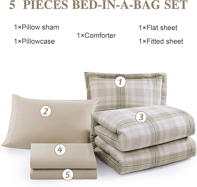 Beige Twin Comforter Set, Khaki Green Plaid Twin XL Comforter Set for Boys & Girls,Classic Homestead-style Twin Bed Set with Sheets and Comforter Set