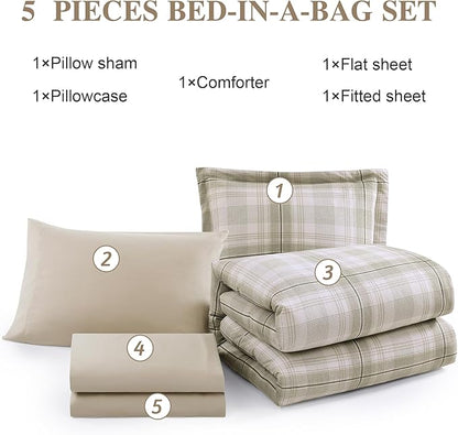 Beige Twin Comforter Set, Khaki Green Plaid Twin XL Comforter Set for Boys & Girls,Classic Homestead-style Twin Bed Set with Sheets and Comforter Set