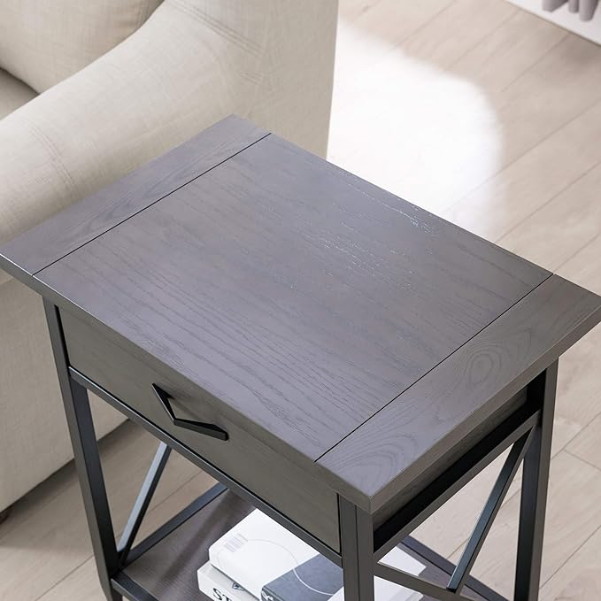 Leick Home 23022 Chisel & Forge One Drawer Nightstand with Shelf, Gray/Matte Black