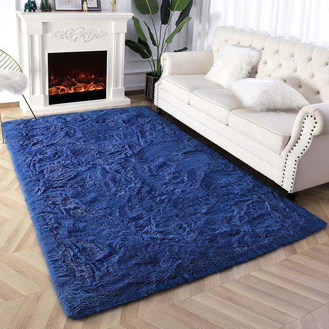 Super Soft Fluffy Shaggy Rugs for Living Room Bedroom, Fuzzy Plush Area Rugs for Girls Kids Room Nursery Home Decor, Furry Dorm Rug Cute Non-Slip Indoor Floor Carpet 5x8 Feet, Navy Blue