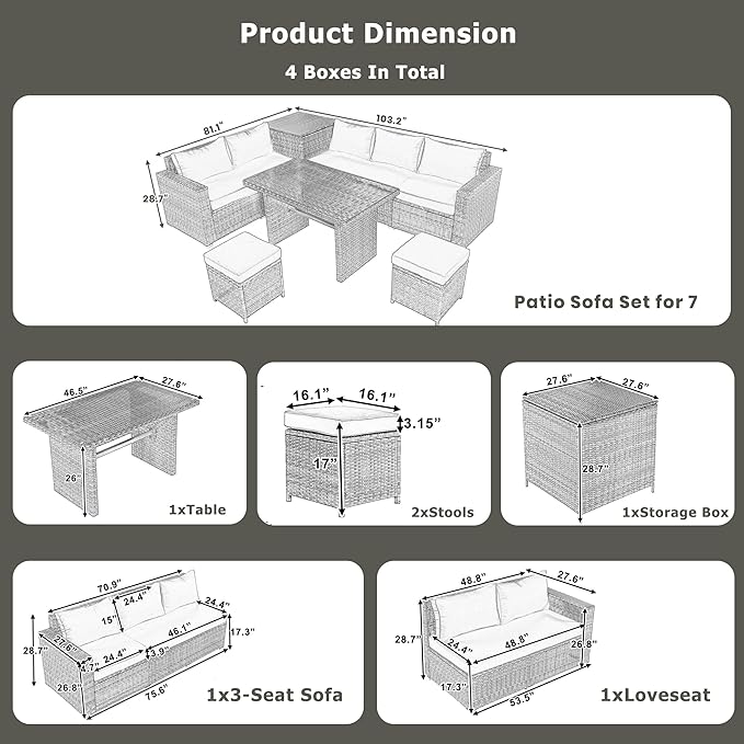 Outdoor Furniture 6-Piece Patio Sofa Set, All Weather PE Rattan Sectional Couch with Tempered Glass Dining Table, Adjustable Seat, Storage Box&Removable Covers, for Garden Backyard, 1, Beige