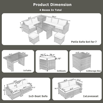 6-Piece Outdoor Furniture Set with Dining Table, Adjustable Seat and Storage Box, All Weather PE Rattan Patio Conversation Sofa L-Shaped Couch for Garden Lawn, Grey Wicker+Beige Cushion