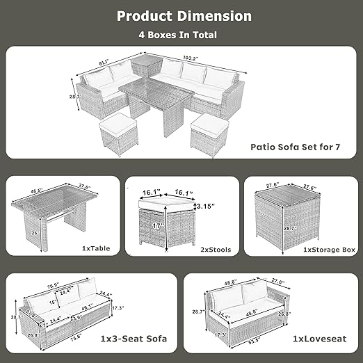 6-Piece Patio Furniture Set, L-Shaped Outdoor PE Wicker Rattan Sectional ConversationSet with Adjustable Seat, Storage Box, Removable Covers and Tempered Glass Top Table, for Backyard