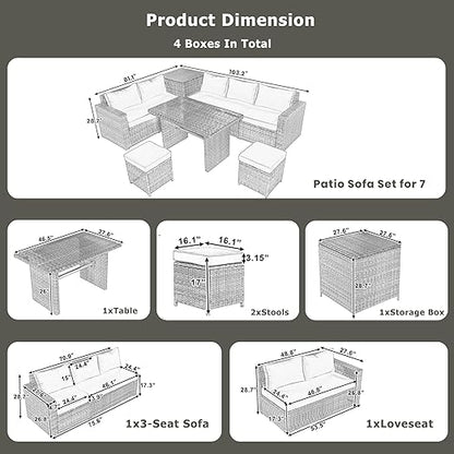 6-Piece Patio Furniture Set, L-Shaped Outdoor PE Wicker Rattan Sectional ConversationSet with Adjustable Seat, Storage Box, Removable Covers and Tempered Glass Top Table, for Backyard