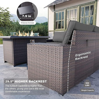 Kullavik 7 PCS Outdoor Patio Furniture Set with 43" 55000BTU Gas Propane Fire Pit Table PE Wicker Rattan Sectional Sofa Patio Conversation Sets for Outdoor,Grey