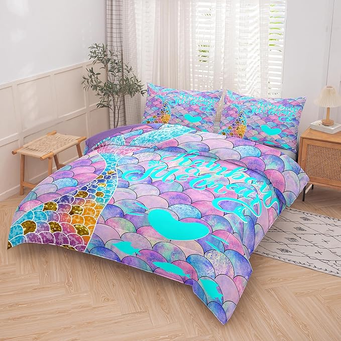 NINENINE Blue and Purple Mermaid Tail Comforter Sets for Girls,Full Size Rainbow Princess Bedding,Girly Glitter Comforter Sets,Sparkly Fish Scales Bedding Sets with 1 Comforter 2Pillowcases
