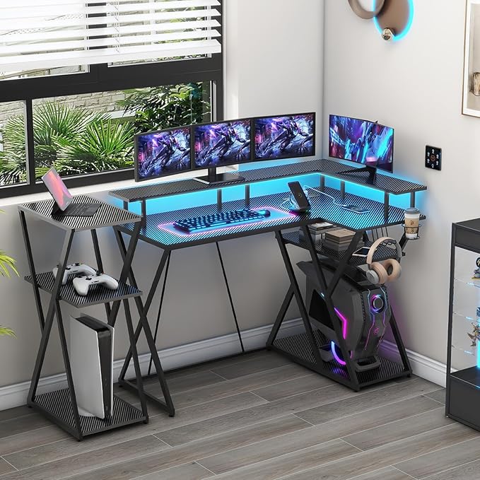 47 Inch L Shaped Gaming Desk L Desk Gaming Desk with Led Lights Computer Desk with Power Outlets Gaming Table Corner Desk for Bedroom Small Desk for Home Office,Black