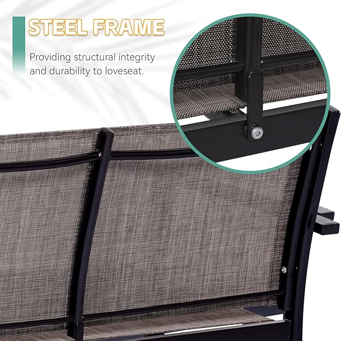 4 Pieces Patio Furniture Set Outdoor Garden Patio Conversation Sets Poolside Lawn Chairs with Tempered Glass Coffee Table Loveseat Porch Furniture Textilene Fabric Brown