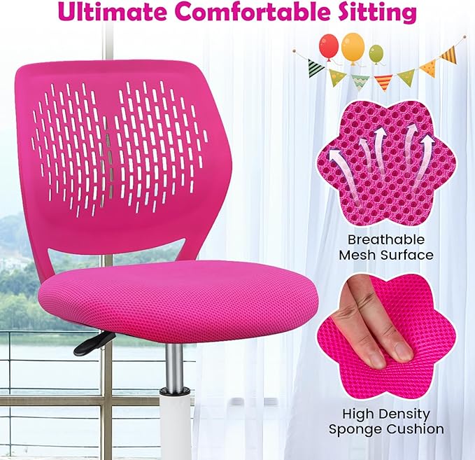 Kids Desk Chair, Blue Ergonomic Kids Office Chair Ages8-12 w/Lumbar Support, Low-Back Teen Desk Chair for Girls Boys, Small Cute Kids Computer Chair for Bedroom/Study/Vanity Desk (Rose Red)