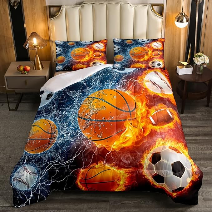 Erosebridal Sports Bedding Set for Boys King,Baseball Basketball Comforter Set Soccer Football Bedding Comforter Sets for Kids Teens Men,Red Blue Ice Fire Lightning Decor Quilt Duvet Set 3 Pcs