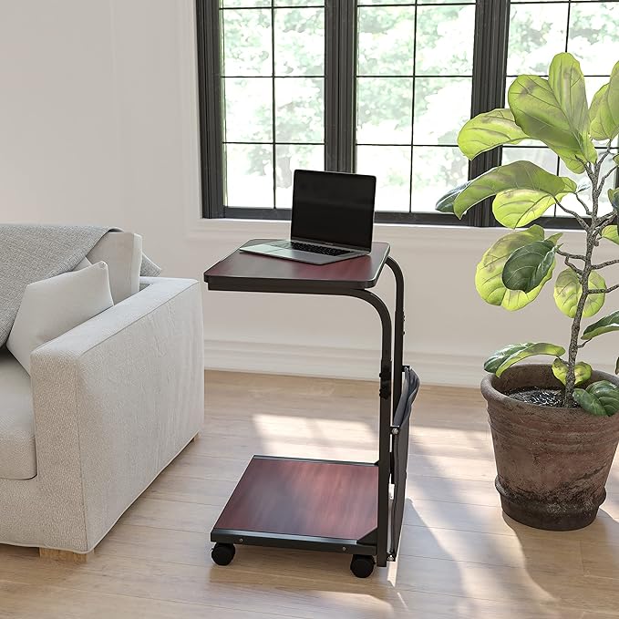 Flash Furniture Charger Mobile Sit-Down, Stand-Up Mahogany Computer Ergonomic Desk with Removable Pouch (Adjustable Range 27'' - 46.5'')