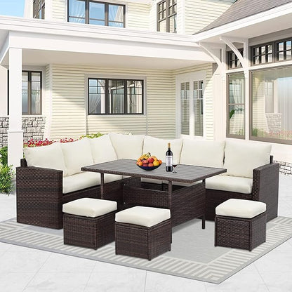 Solaste 7 Piece Patio Furniture Set, All Weather Wicker Patio Conversation Sets with Cushion Seat & Pillows, Outdoor Dining Set, Patio Furniture Outdoor Sectional, Brown