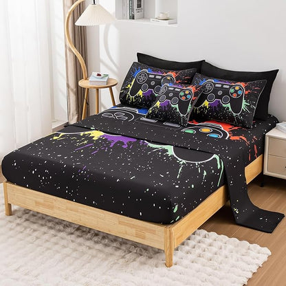 8Pcs Gamer Comforter Set with Sheets for Boys Girls Kids Teens, Colorful Graffiti Gaming Themed Bed in A Bag Full Size, Black 3D Video Game Controller Bedroom Decor Bedding Set-Black