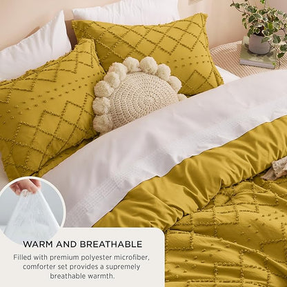 Bedsure Full Size Comforter Set - Mustard Yellow Comforter, Boho Tufted Shabby Chic Bedding Comforter Set, 3 Pieces Farmhouse Bed Set for All Seasons, Fluffy Soft Bedding Set with 2 Pillow Shams