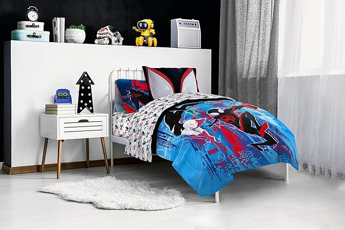 Marvel Spiderman Across The Spider-Verse Glitch 5 Piece Twin Size Bed Set - includes Comforter & Sheet Set Bedding - Super Soft Fade Resistant Microfiber (Official Product)