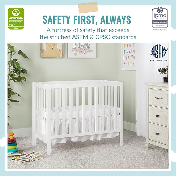 Edgewood 4-In-1 Convertible Mini Crib In White, JPMA Certified, Non-Toxic Finish, New Zealand Pinewood, With 3 Mattress Height Settings, Included 1" Mattress Pad