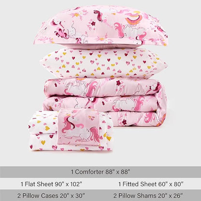 Twin Unicorn Kids Bedding Set for Girls, 7 Pieces Super Soft Lightweight Microfiber Comforter Set with Sheets, Bed in a Bag, Durable Children Bed Set
