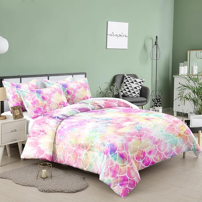 NINENINE Mermaid Comforter Bedding Set,Girls Twin Size Bedding Set,Mermaid Bedding Set,Rainbow Scales Bedding Sets with 1Comforter 1Pillowcase