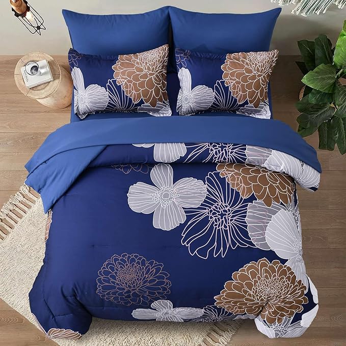 Yiran 7 Pieces Floral Comforter Bedding Sets Bed in a Bag Navy Brown Soft Microfiber Comforter Set with Comforter, Sheets, Pillowcases & Shams King Size 103"×90"