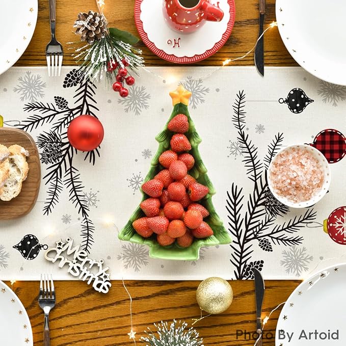 Artoid Mode Red Pine Trees Merry Christmas Table Runner, Winter Xmas Holiday Kitchen Dining Table Decoration for Home Party Decor 13x108 Inch