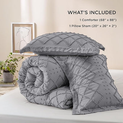 Bedsure Twin/Twin XL Comforter Set - Grey Boho Twin Extra Long Comforter Set for College, Shabby Chic Dorm Bedding Set, 2 Pieces Modern Farmhouse Bed Set, includes 1 Pillow Sham