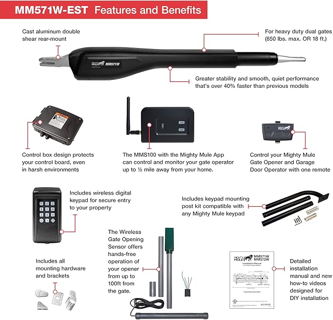 Mighty Mule MM571W-EST Heavy Duty Automatic Package Swing, Smart Bridge, Driveway Sensor, and More, Single Gate Opener, Estate, Black
