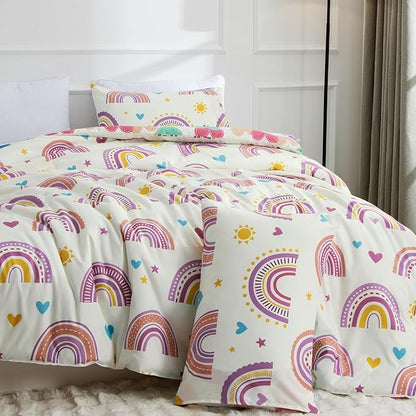 Btargot Lightweight Soft 3 Piece Rainbow Comforter Set with 2 Pillow Covers, Cartoon Love Hearts Suns and Stars Bedding Set for Girls Boys Kids, Full Purple