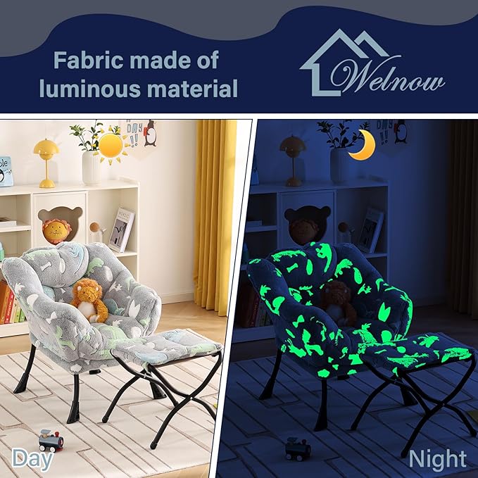 Welnow Toddler Kids Lazy Chair with Ottoman, Glow in The Dark Accent Comfy Lounge Children Armchair Couch with Removable Cover, Detachable Reading Chair with Footrest for Boy or Girl, Grey Dinosaur