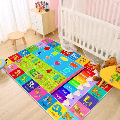 Kids Alphabet Play Game Rug - 3' x 5' ABC Numbers and Shapes Educational Learning Toddler Carpet - Kids Room Playroom Classroom Kindergarten Activity Fun Soft Non-Slip Mat