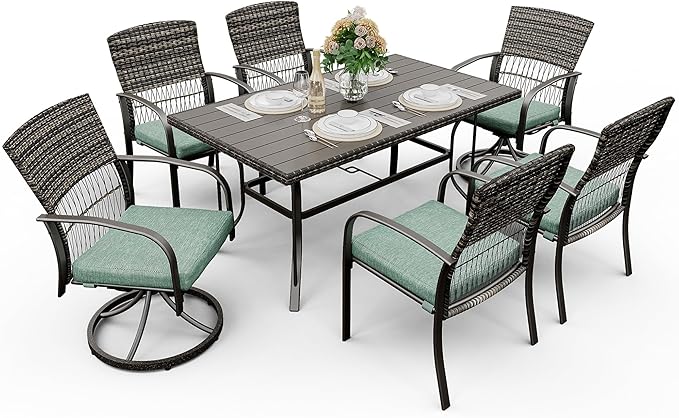 Pamapic 7 Piece Outdoor Dining Set, Rattan Outdoor Patio Furniture Set for Backyard with Iron Outdoor Dining Table, 4 Swivel Deck Chairs, 2 Wicker Chairs and Removable Cushions (Green)